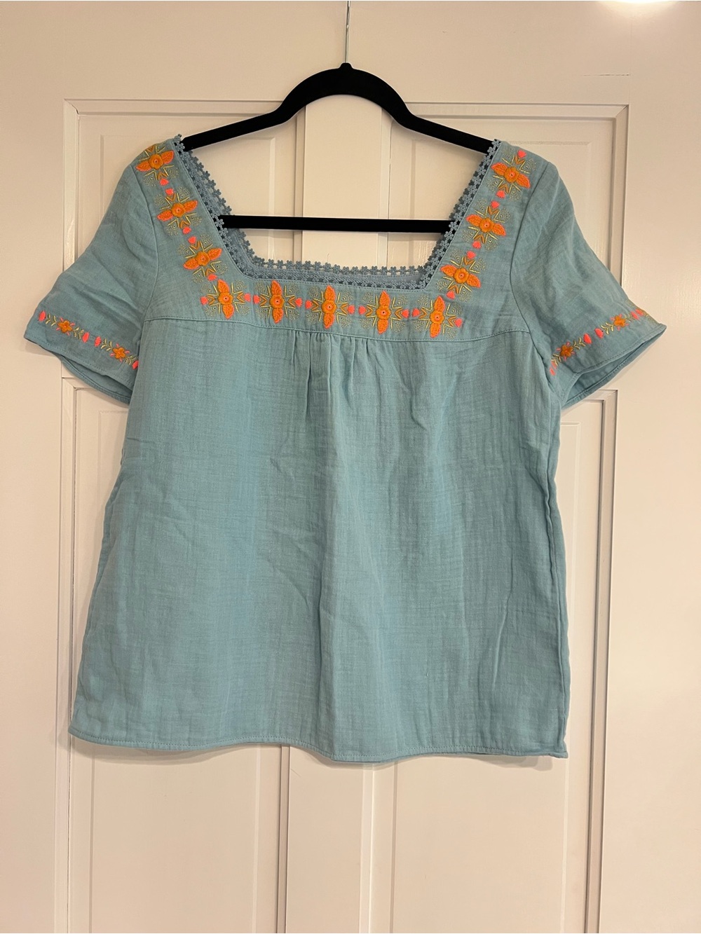 Boden Heron Blue Square Neck Embroidered Cotton Clemmie Top